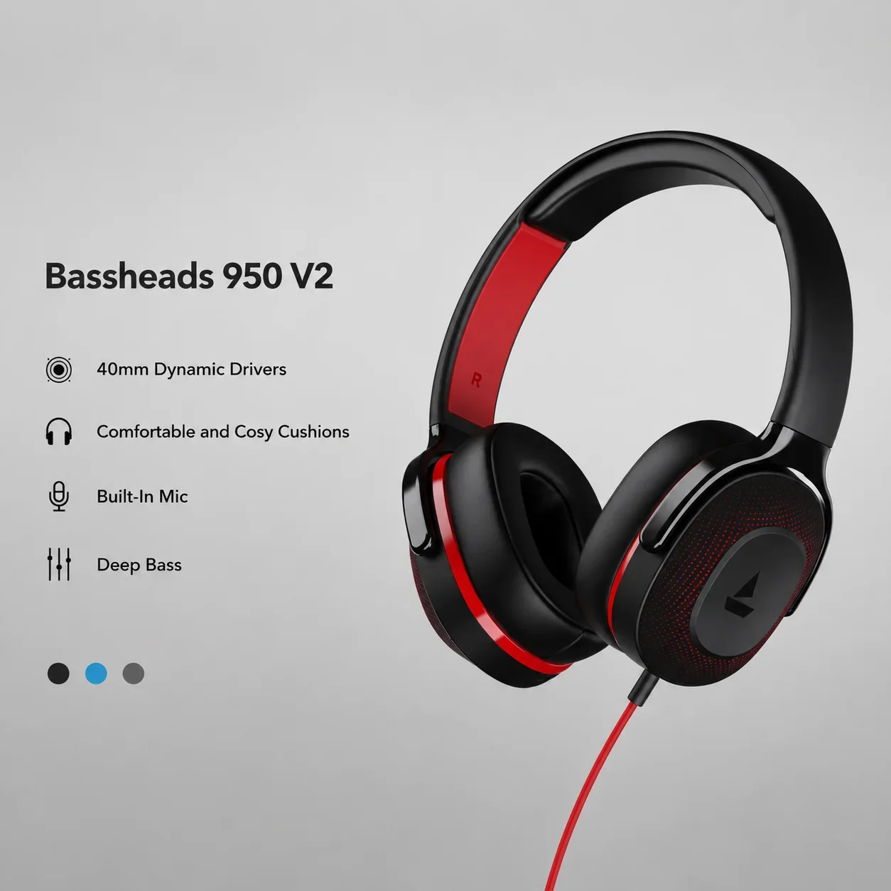 boAt Bassheads 950 V2 Wired Over-Ear Headphones with 40mm Dynamic Drivers & Deep Bass