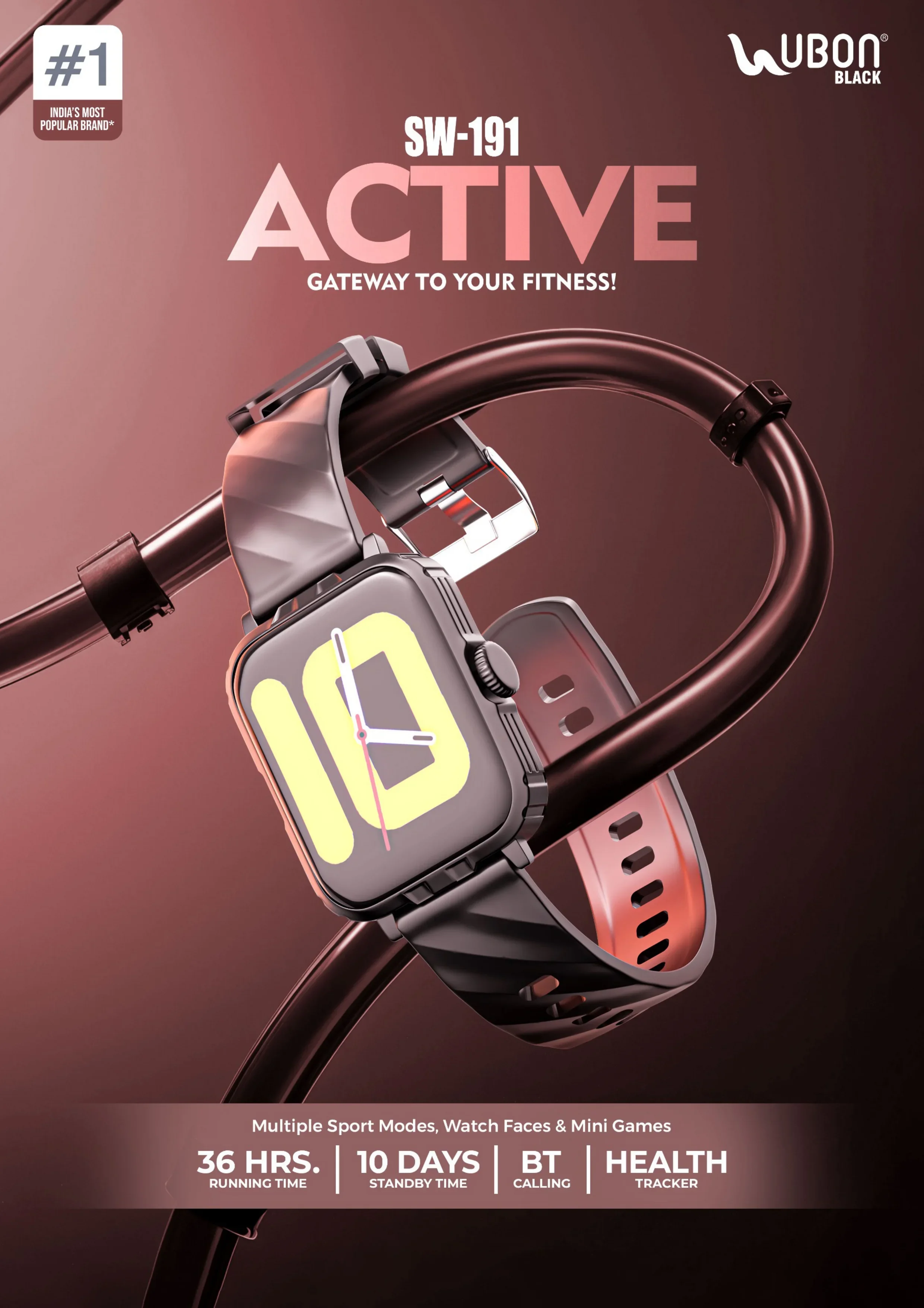 UBON Black SW-191 Active Smartwatch with BT Calling, Health Tracker, Mini Games & 36 Hours Running Time