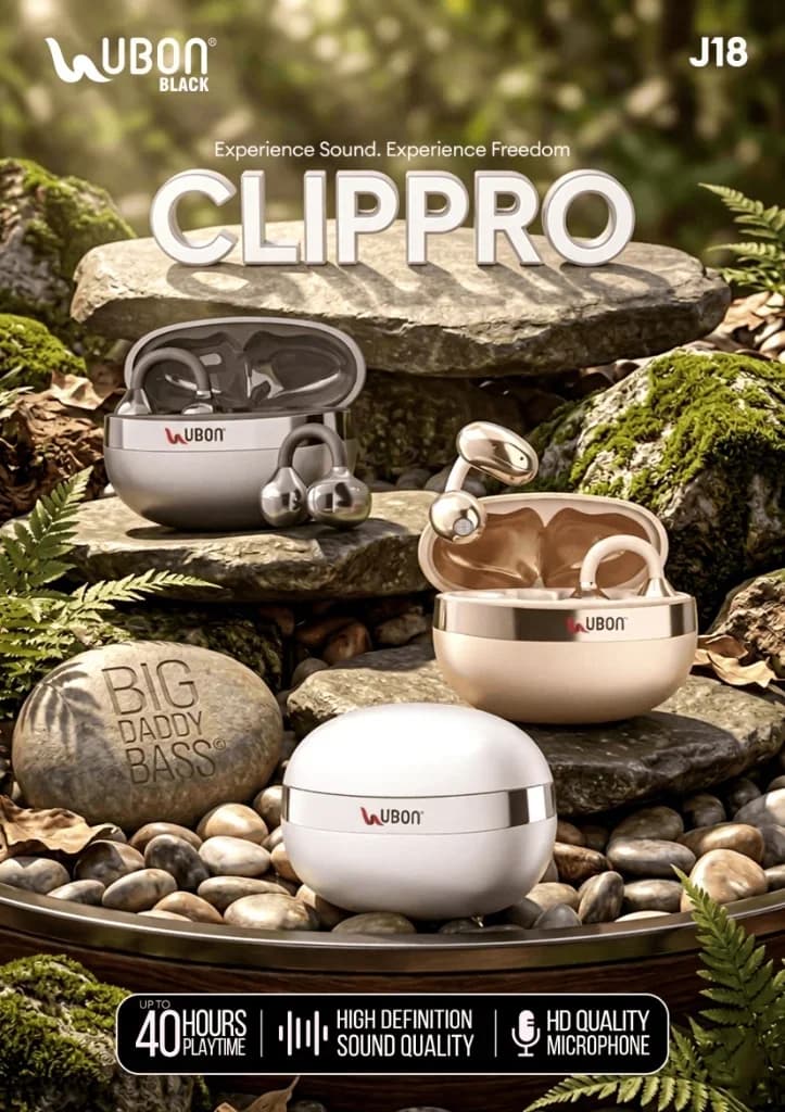 UBON Black J18 CLIPPRO Wireless Earbuds with Big Daddy Bass®, 40 Hours Playtime & Ear-Clip Design