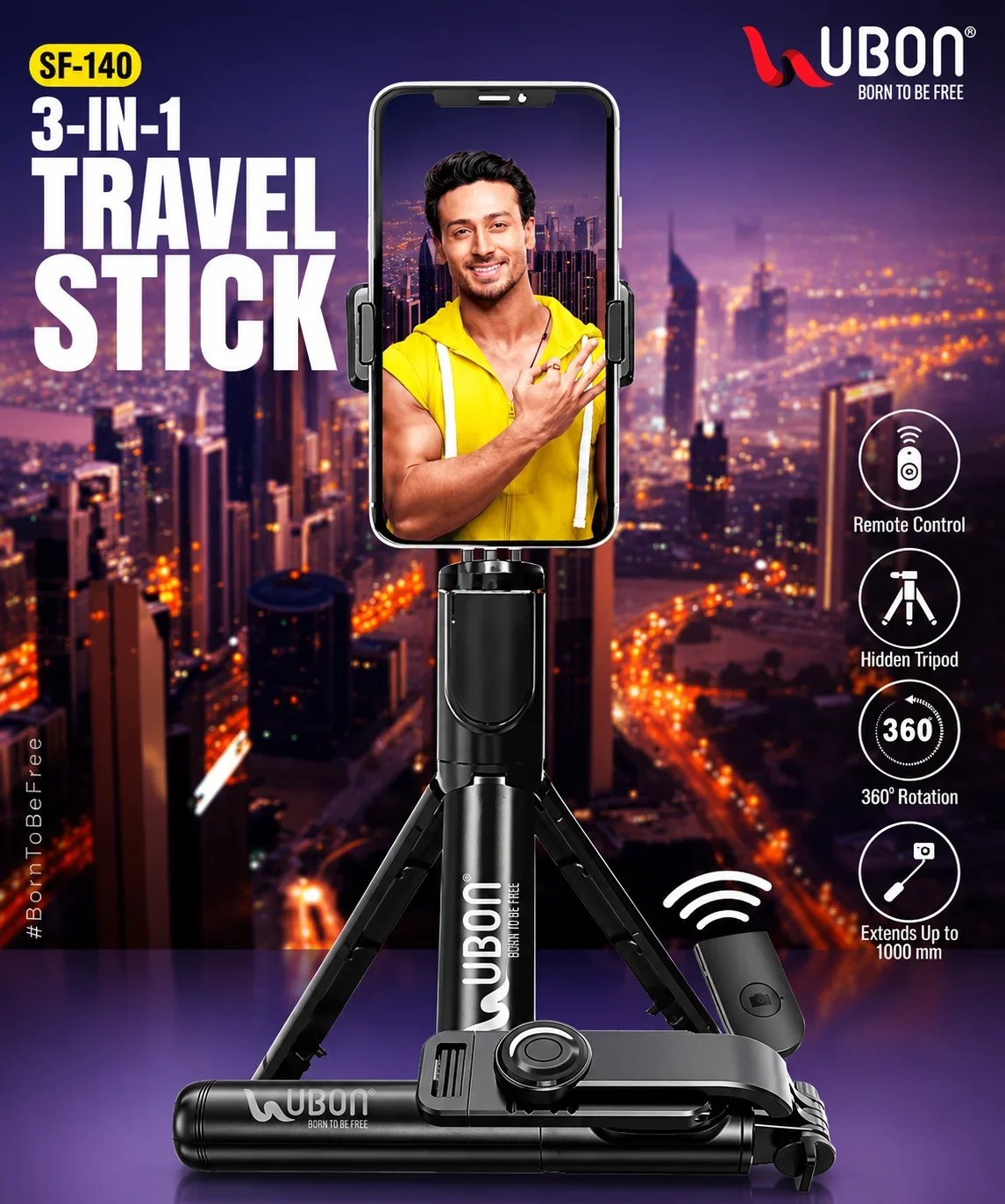 UBON SF-140 3-IN-1 Travel Stick Wireless Selfie Stick Tripod with 360° Rotation & Hidden Tripod Base