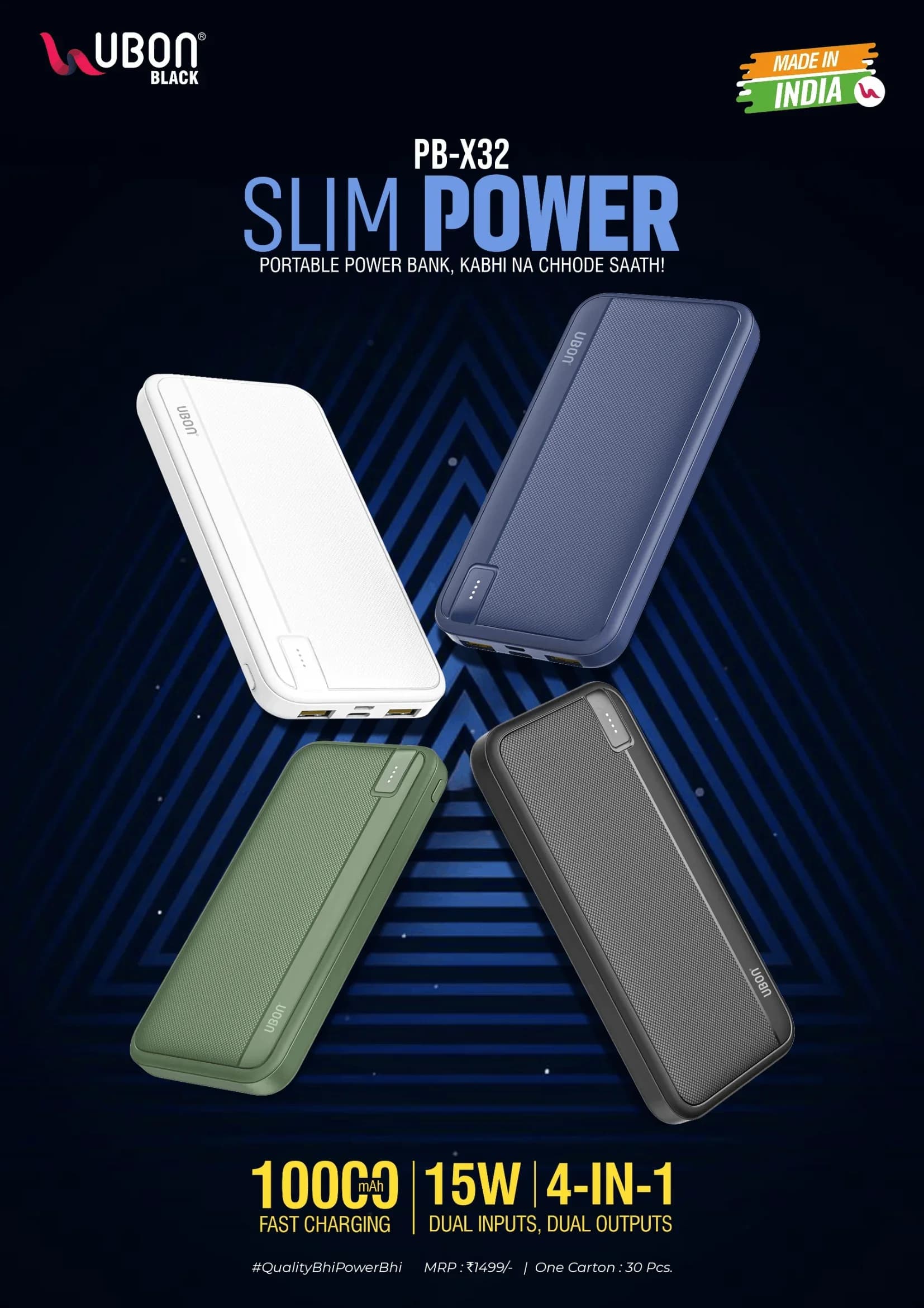 UBON Black PB-X32 SLIM POWER 10000mAh 15W Portable Power Bank