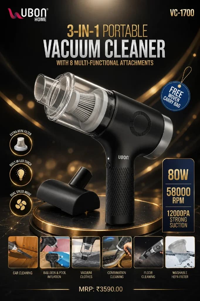 UBON VC-1700 3-in-1 Portable Vacuum Cleaner with 8 Attachments & 12000PA Suction