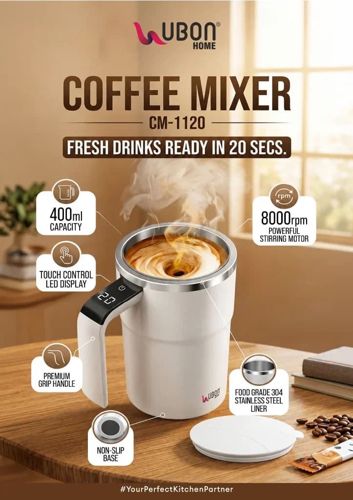 UBON CM-1120 400ml Automatic Self-Stirring Coffee Mixer Mug with Touch Display
