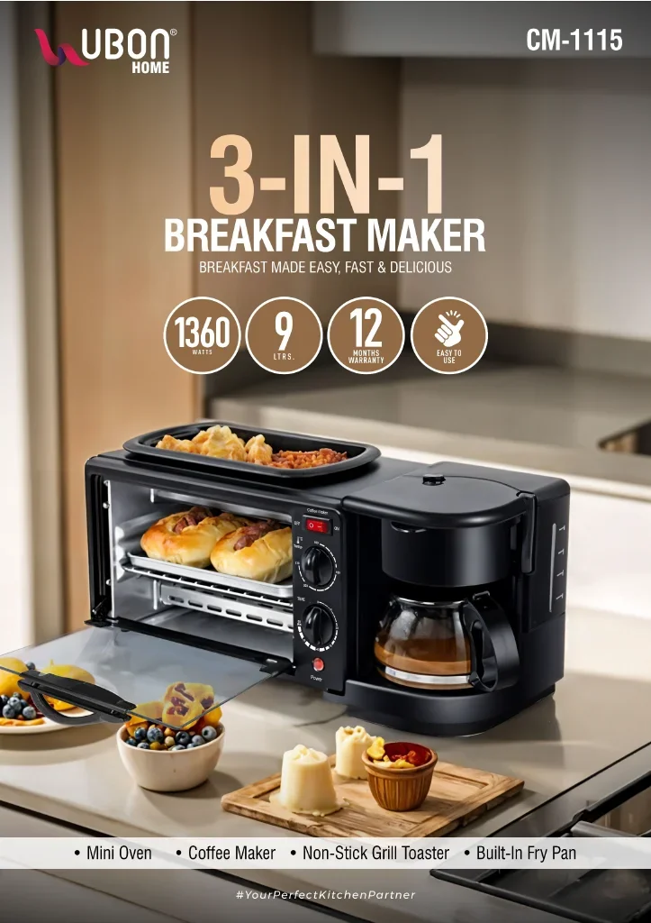 UBON CM-1115 3-in-1 Multifunction Breakfast Station with Coffee Maker & Oven (1360W)