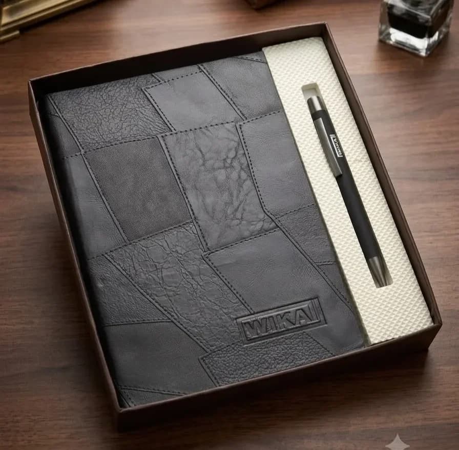 Patchwork Leatherette Notebook & Sleek Pen Gift Box