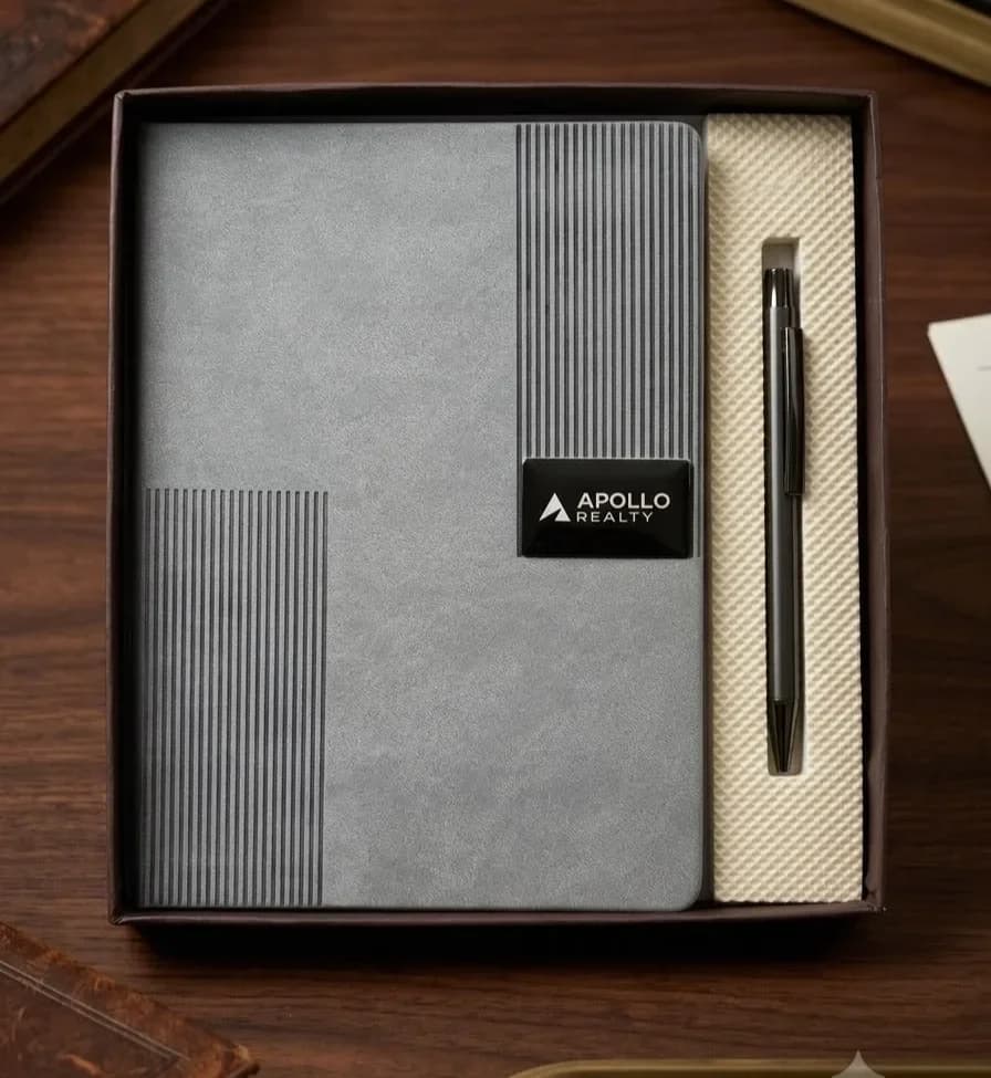 Sleek Grey Embossed Leatherette Notebook & Pen Set