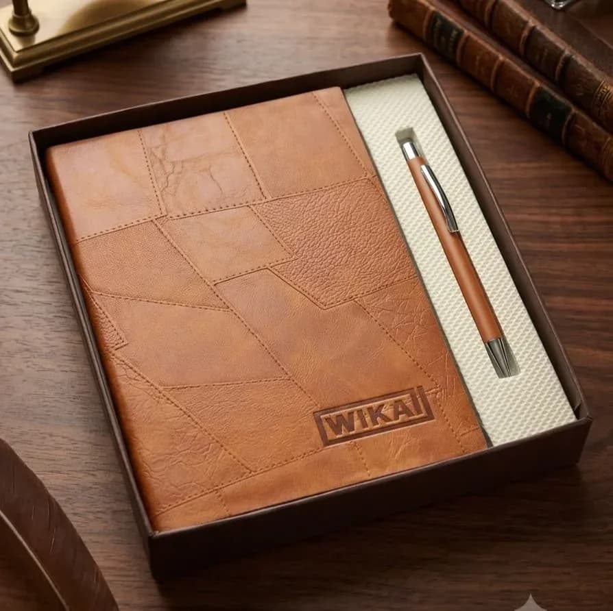 Tan Patchwork Leatherette Journal & Pen Gift Box