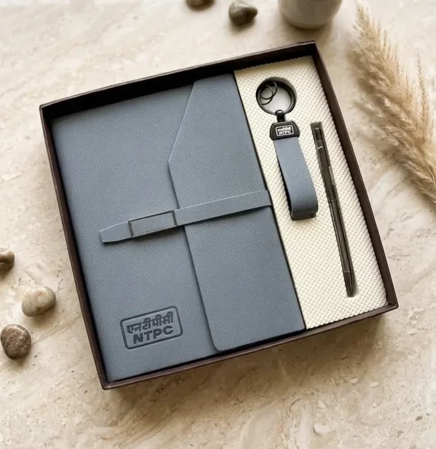 Executive Grey Leatherette Notebook, Keychain & Pen Set