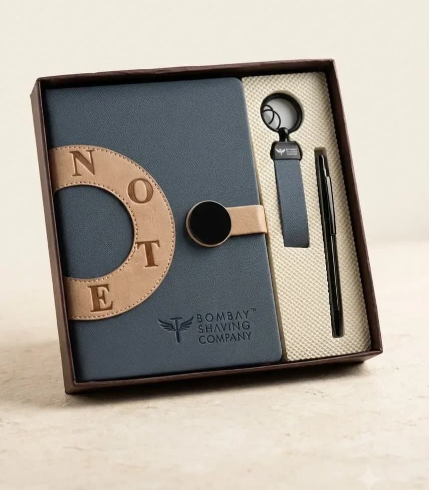 Premium Slate Blue Leatherette Journal, Keychain & Pen Set